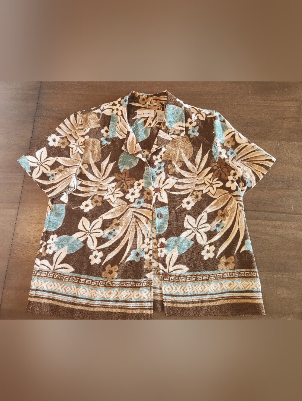 Alfred Dunner Brown Tropical Floral Button-Down Shirt with Blue Accents